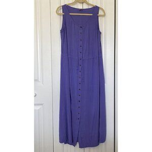 J Jill Dress Sleeveless Large Blue Midi Length Rayon Button Front Drawstring
